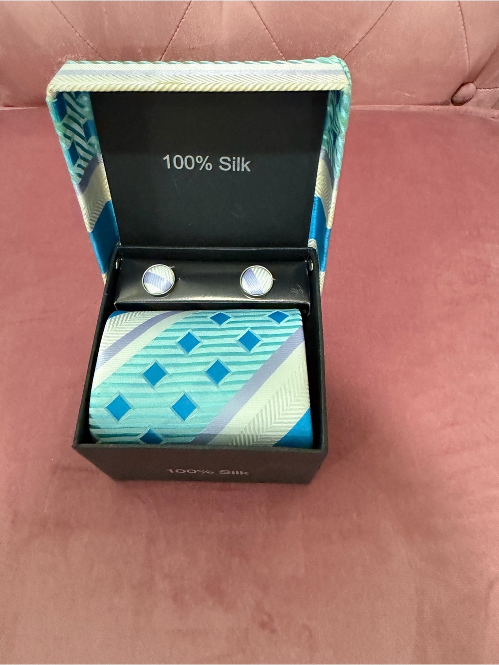 Silk Tie, handkerchief and Cufflink Set - Aqua Blue Geometric Pattern